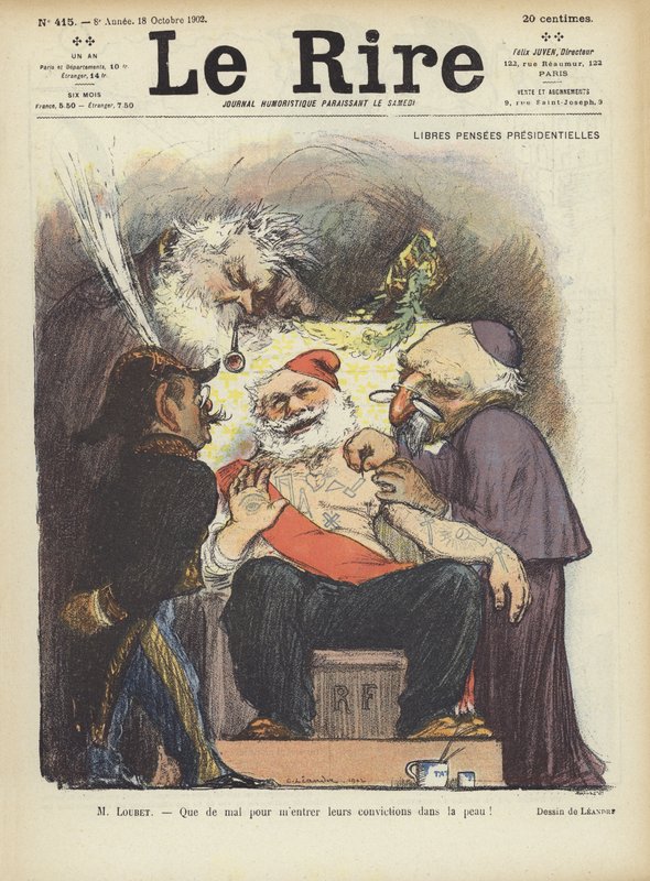 Frankrikes president Loubet tatueras. Illustration för Le Rire av Charles Leandre