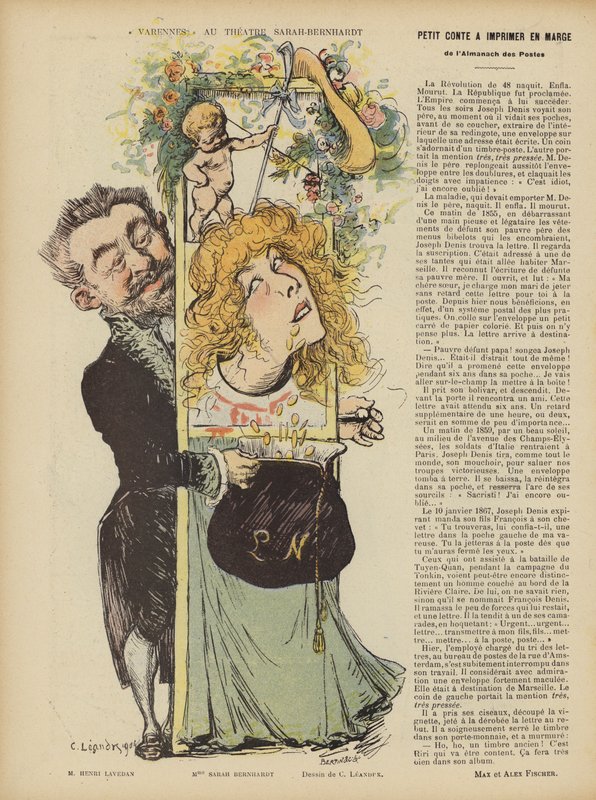 Produktion av Henri Lavetans pjäs Varennes på teatern Sarah Bernhardt. Illustration för Le Rire av Charles Leandre
