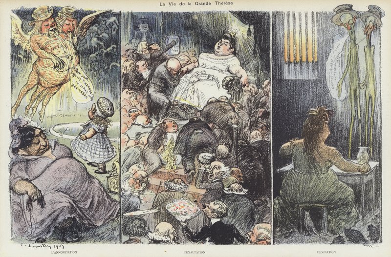 Bedragaren Therese Humberts liv. Illustration för Le Rire av Charles Leandre