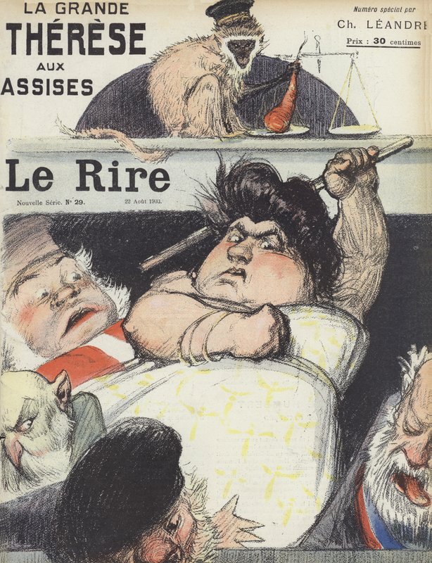 Rättegången mot den ökända bedragaren Therese Humbert. Illustration för Le Rire av Charles Leandre