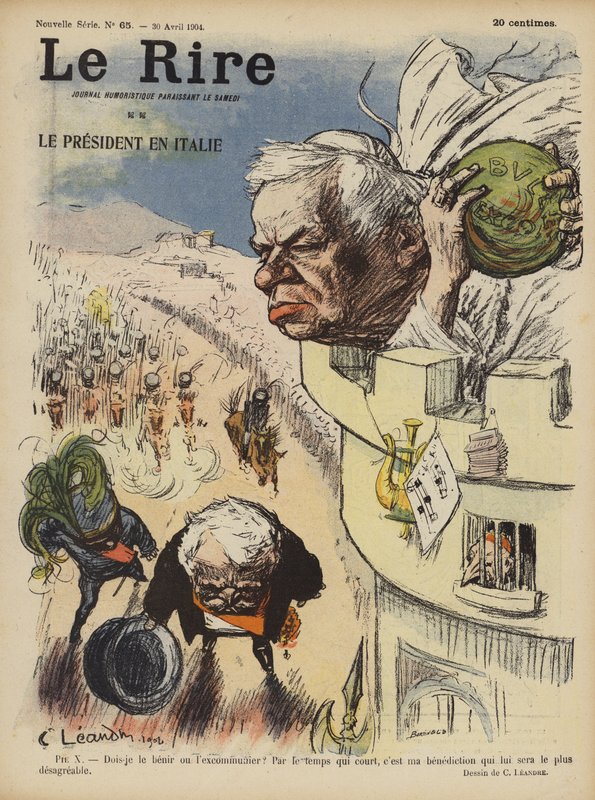 Besök av Frankrikes president Loubet i Italien. Illustration för Le Rire av Charles Leandre