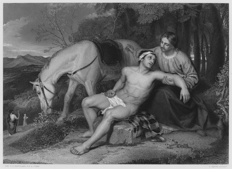 Den barmhärtige samariten, från bilden i Kungliga Samlingen (gravyr) av Charles Lock (after) Eastlake