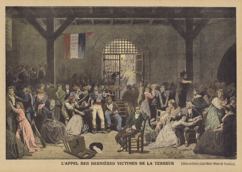Att ropa ut de sista offren för skräckvälde vid fängelset Saint-LazareLappel des dernieres victimes de la Terreur av Charles Louis Lucien Muller