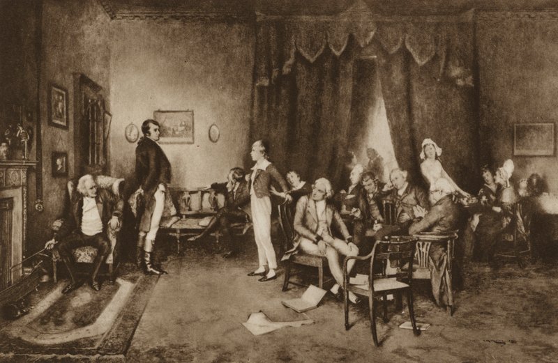 Möte mellan Robert Burns och Sir Walter Scott, Edinburgh (litho) av Charles Martin (after) Hardie