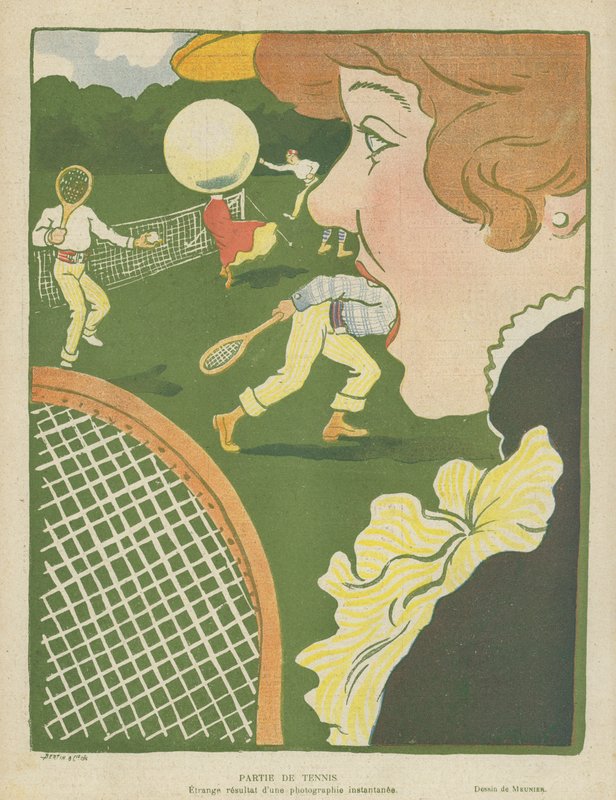 Tennis, konstigt resultat av ett ögonblickligt fotografi, Illustration för Le Rire av Charles Meunier