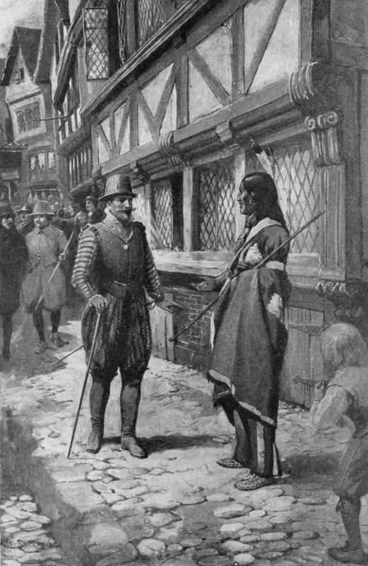 Kapten John Smith träffar en röd indisk vän från Virginia när han tar en promenad längs The Strand i London (litho) av Charles Mills (after) Sheldon
