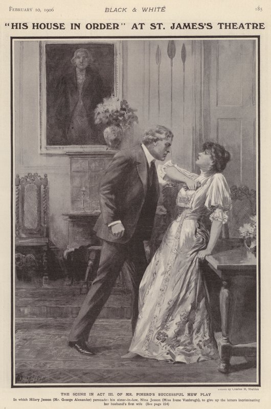 De engelska skådespelarna George Alexander och Irene Vanbrugh i en produktion av Arthur Wing Pinero spelar His House in Order på St James