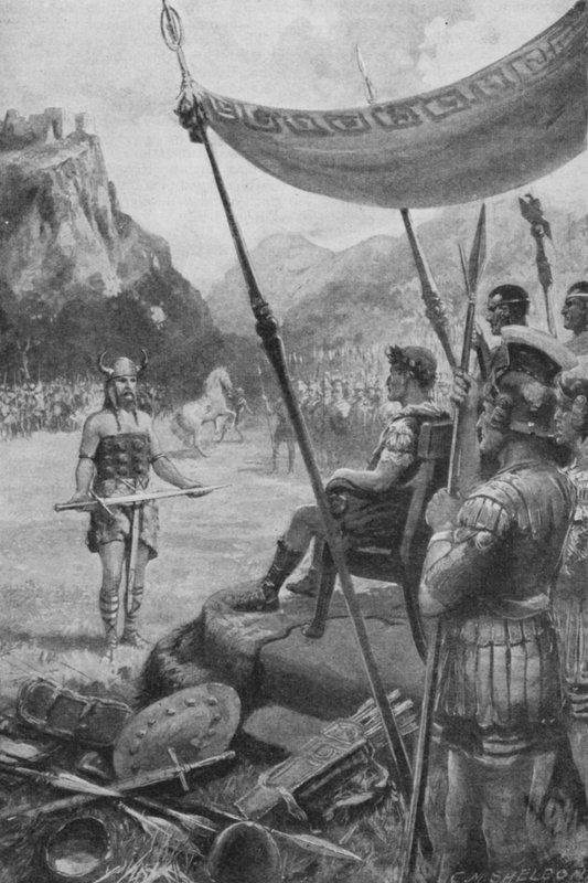 Julius Caesar tar emot underkastelsen av en besegrad hövding i Gallien (litho) av Charles Mills (after) Sheldon