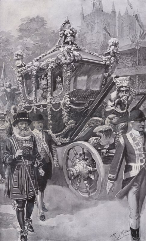 Kung Edward VII och drottning Alexandra i State Coach återvänder från sin kröning i Westminster Abbey, London av Charles Mills (after) Sheldon