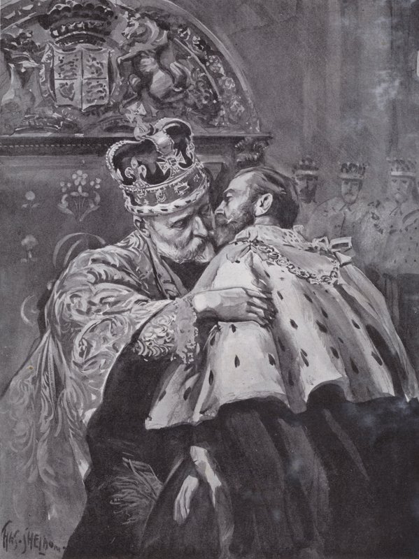 Kung Edward VII omfamnar sin son, prinsen av Wales, vid kungens kröning, Westminster Abbey, London av Charles Mills (after) Sheldon