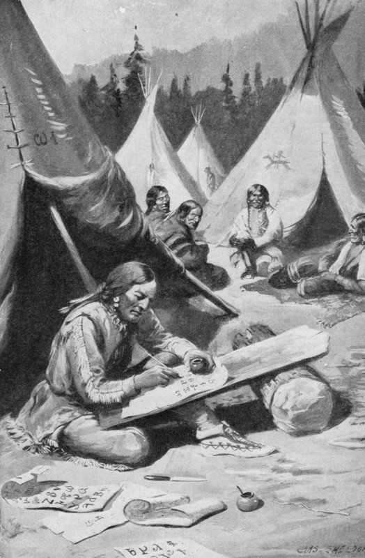 Sequoya tränar sitt alfabet (litho) av Charles Mills (after) Sheldon