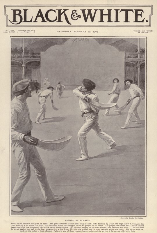 Den baskiska sporten pelota spelas på Olympia, London (litho) av Charles Mills (after) Sheldon