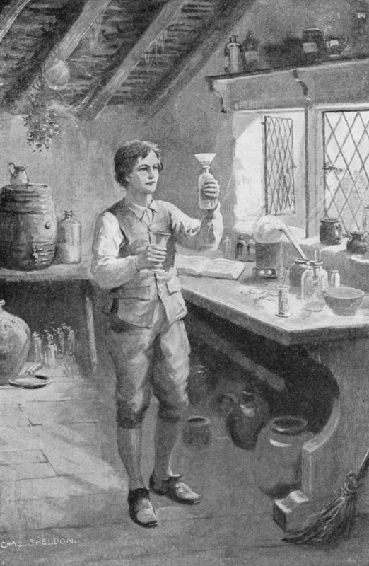 Den unge Humphry Davy gör sina första experiment (litho) av Charles Mills (after) Sheldon