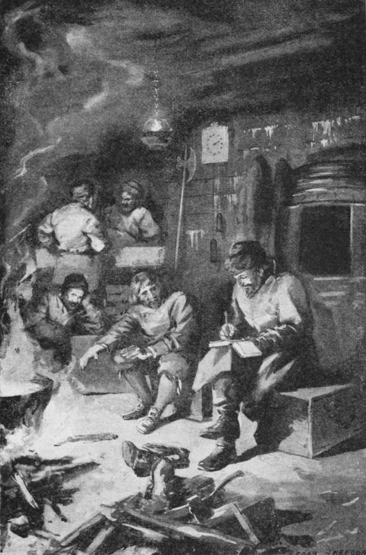 William Barents skrev sin dagbok medan han tillbringade vintern i en hydda på Nova Zembla (litho) av Charles Mills (after) Sheldon