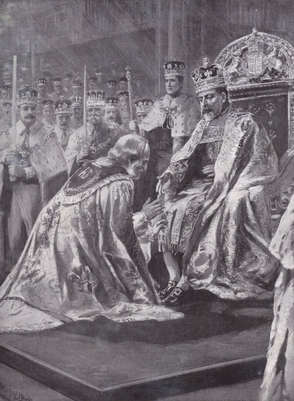 Hyllning av ärkebiskopen av Canterbury vid kröningen av kung Edward VII, Westminster Abbey, London, 1902 av Charles Mills after Sheldon