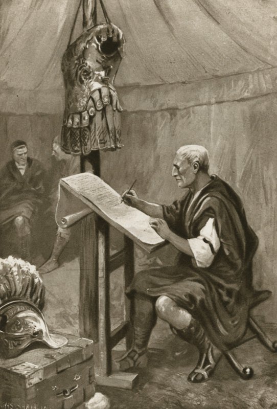Julius Caesar skriver hem ett brev till Rom från sitt tält i Kent av Charles Mills after Sheldon