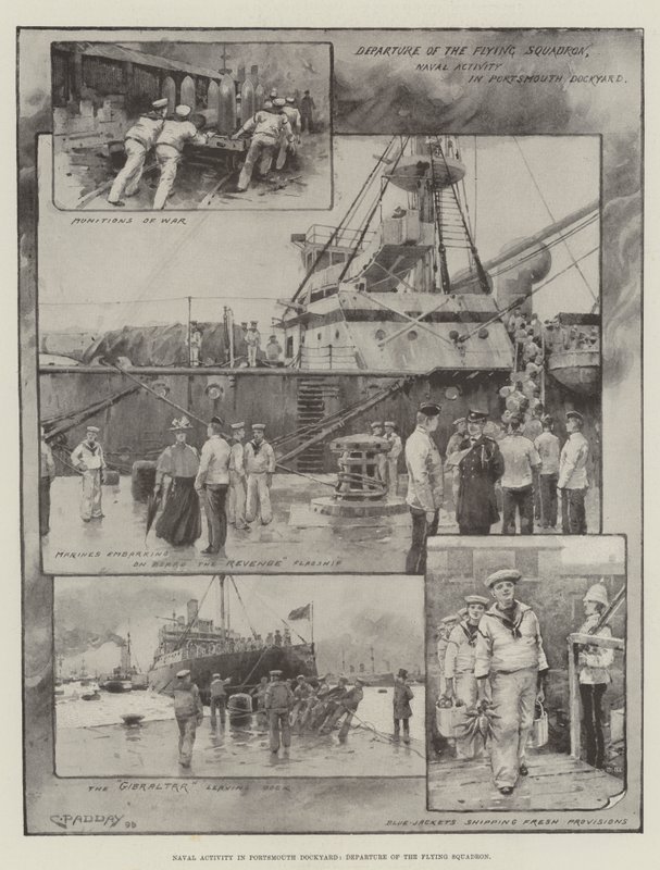 Marin aktivitet i Portsmouth Dockyard, flygande skvadronens avfärd (lito) av Charles Murray (after) Padday