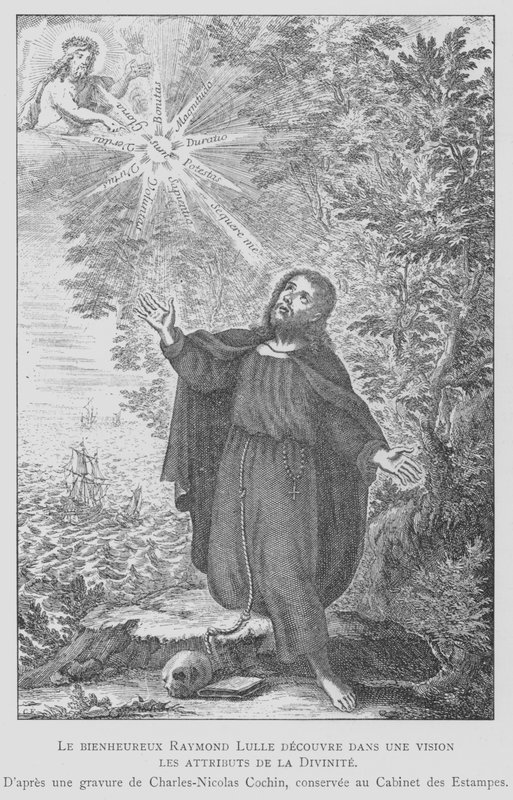 Den spanske filosofen Ramon Llull upptäcker gudomlighetens attribut i en vision (litho) av Charles Nicolas II (after) Cochin
