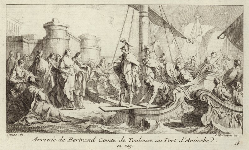 Ankomst av Bertrand, greve av Toulouse, till hamnen i Antiochia, för att ta upp sitt styre över grevskapet Tripoli av Charles Nicolas II Cochin