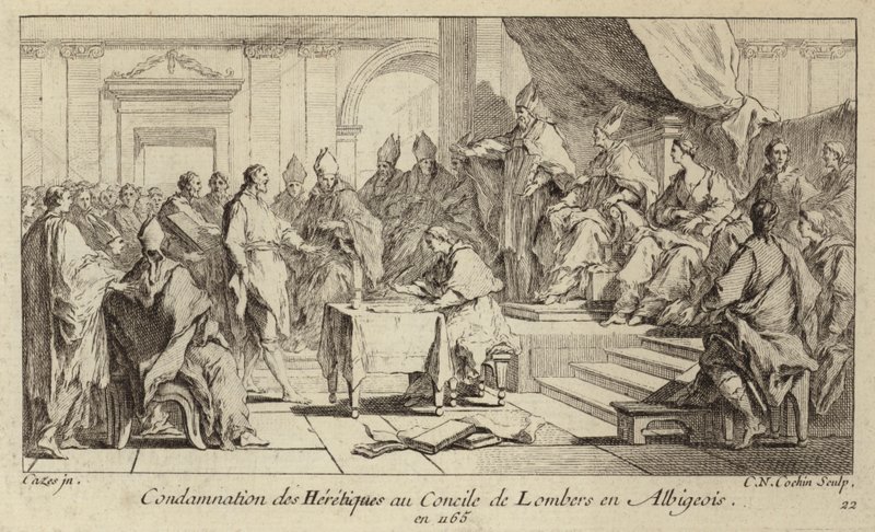 Fördömande av katharer som kättare vid Council of Lombers, Frankrike av Charles Nicolas II Cochin