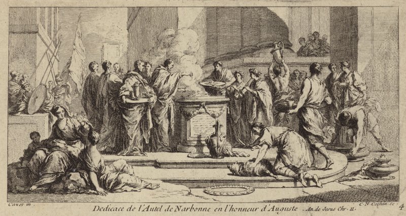 Invigning av altaret i Narbonne för att hedra den romerske kejsaren Augustus av Charles Nicolas II Cochin
