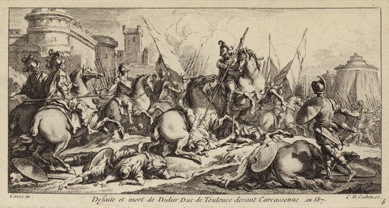 Nederlag och död för Didier av Toulouse före Carcassonne, 587 (gravyr) av Charles Nicolas II Cochin