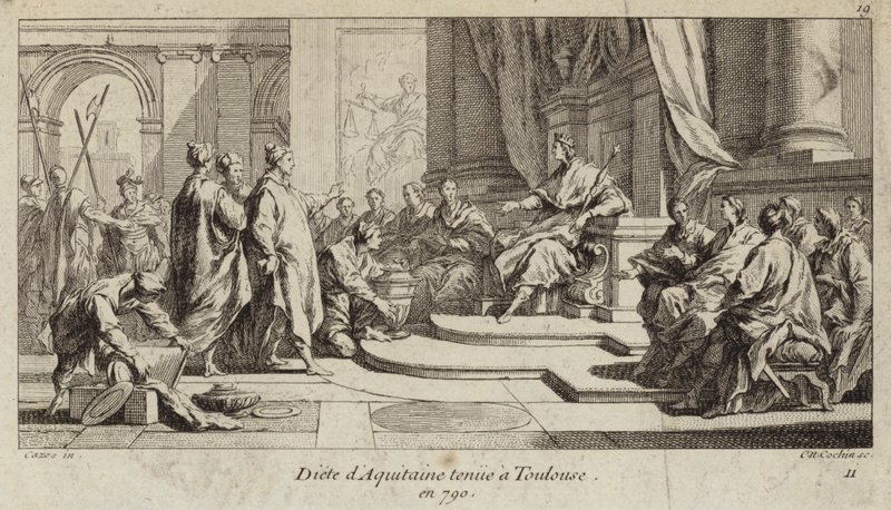 Diet of Aquitaine hölls i Toulouse, 790 (gravyr) av Charles Nicolas II Cochin