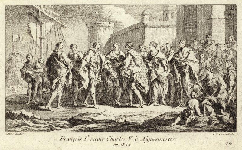 Kung Frans I av Frankrike tar emot kejsar Karl V i Aigues-Mortes av Charles Nicolas II Cochin