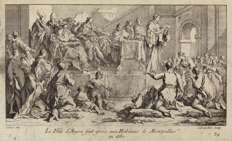 Ludvig I, hertig av Anjou, regent av kung Karl VI av Frankrike, tackar folket i Montpellier av Charles Nicolas II Cochin