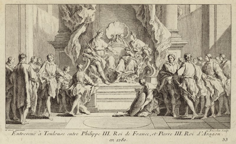 Möte i Toulouse mellan kung Filip III av Frankrike och kung Peter III av Aragon av Charles Nicolas II Cochin