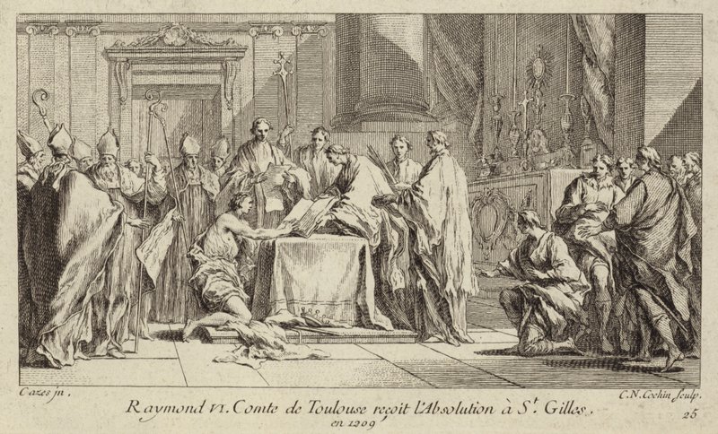 Raymond VI, greve av Toulouse, ödmjukar sig vid kyrkan St Gilles för att få sin bannlysning upphävd av Charles Nicolas II Cochin