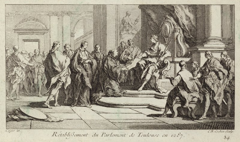 Återupprättande av parlamentet i Toulouse, Frankrike av Charles Nicolas II Cochin