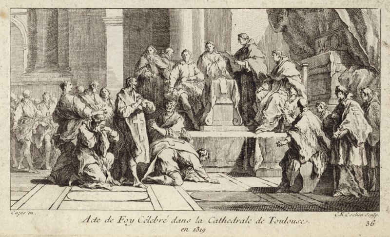 Ångerfulla katarer förklarar sin tro på den katolska religionen i katedralen i Toulouse, Frankrike av Charles Nicolas II Cochin