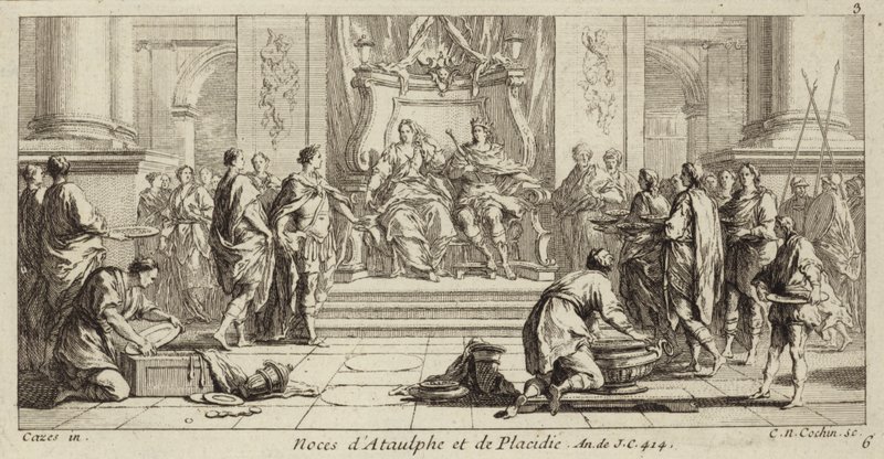Bröllop av Galla Placidia och Ataulf, kung av västgoterna, Narbonne, 414 (gravyr) av Charles Nicolas II Cochin