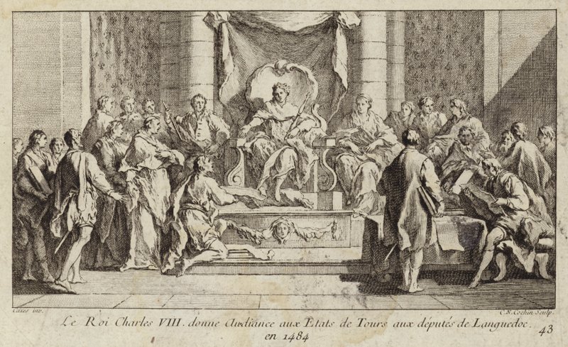 Charles VIII av Frankrike håller en utfrågning till deputerade från Languedoc på General Estates i Tours av Charles Nicolas II Cochin