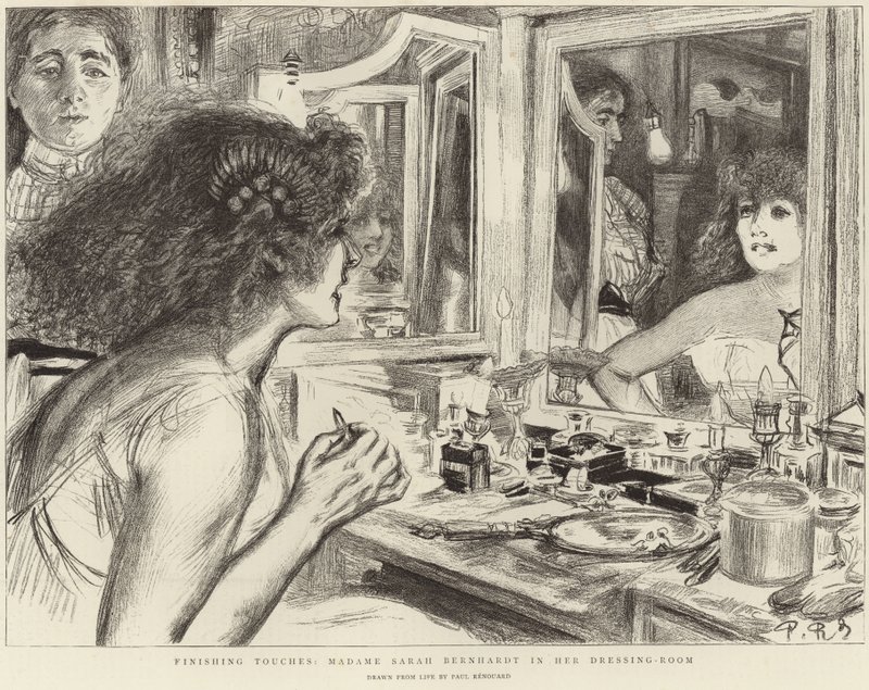 Madame Sarah Bernhardt i sitt omklädningsrum (litho) av Charles Paul (after) Renouard