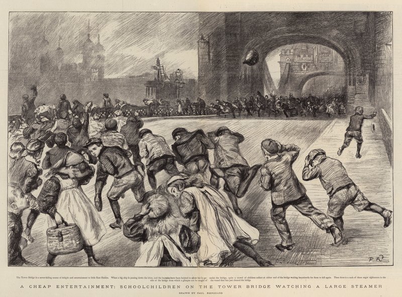 En billig underhållning, skolbarn på Tower Bridge tittar på en stor ångbåt av Charles Paul Renouard