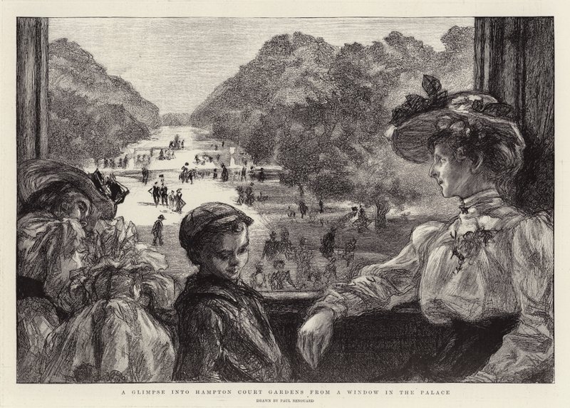 En glimt av Hampton Court Gardens från ett fönster i palatset av Charles Paul Renouard