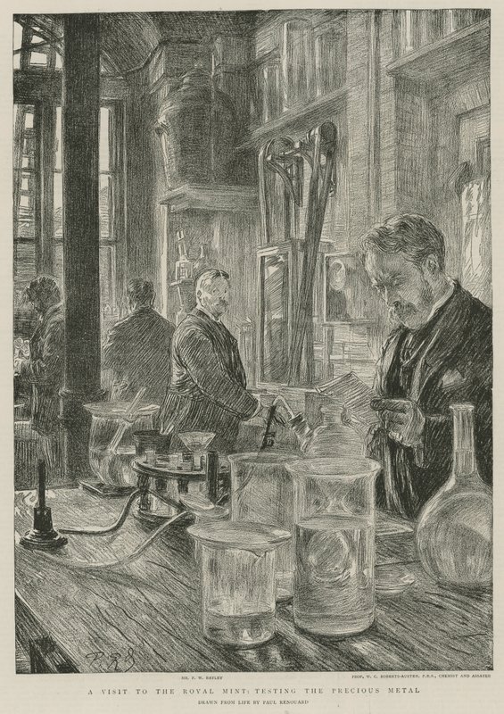 Ett besök på det kungliga myntverket; testa den ädla metallen (gravyr) av Charles Paul Renouard
