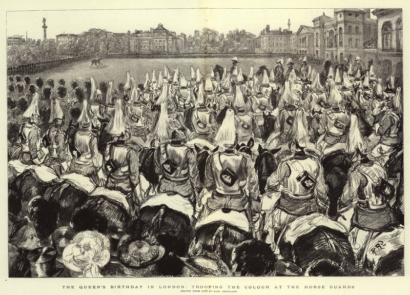 Drottningens födelsedag i London, med en parad vid Horse Guards av Charles Paul Renouard