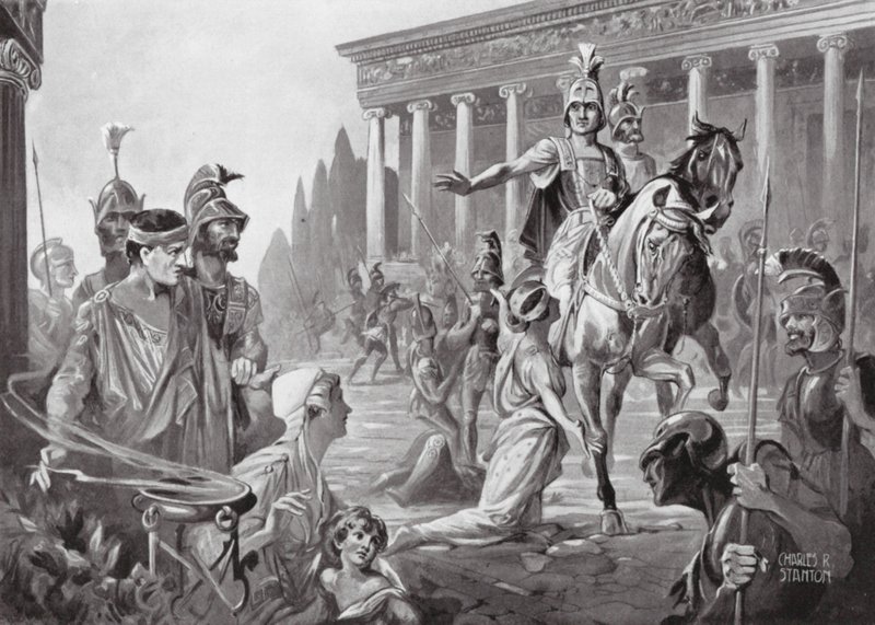 Alexander vid plundringen av Thebe, 335 f.Kr (lito) av Charles Rebel Stanton