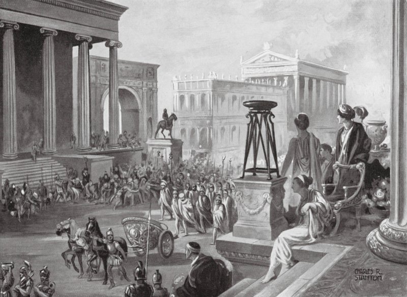 De achaiska ledarna bärs till Rom, 167 f.Kr (litografi) av Charles Rebel Stanton