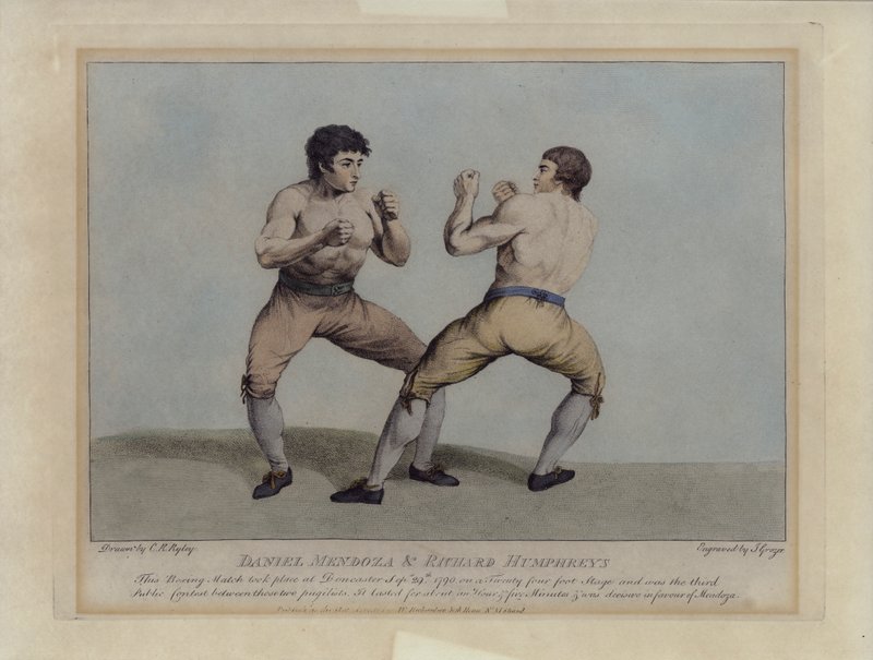Engelska priskämparna Daniel Mendoza och Richard Humphreys vid deras boxningsmatch den 29 september 1790 (gravyr) av Charles Reuben (after) Ryley