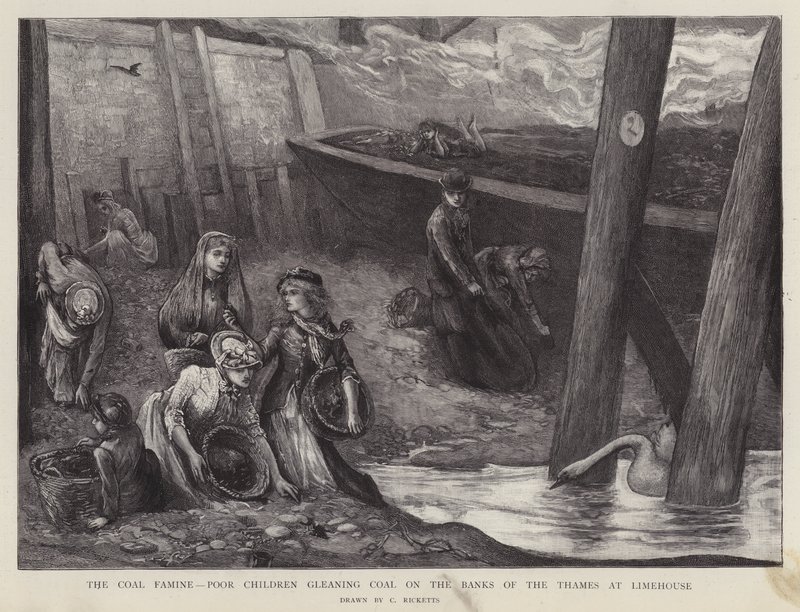 Stackars barn som plockar kolbitar från Themsen vid Limehouse, London (litho) av Charles Ricketts