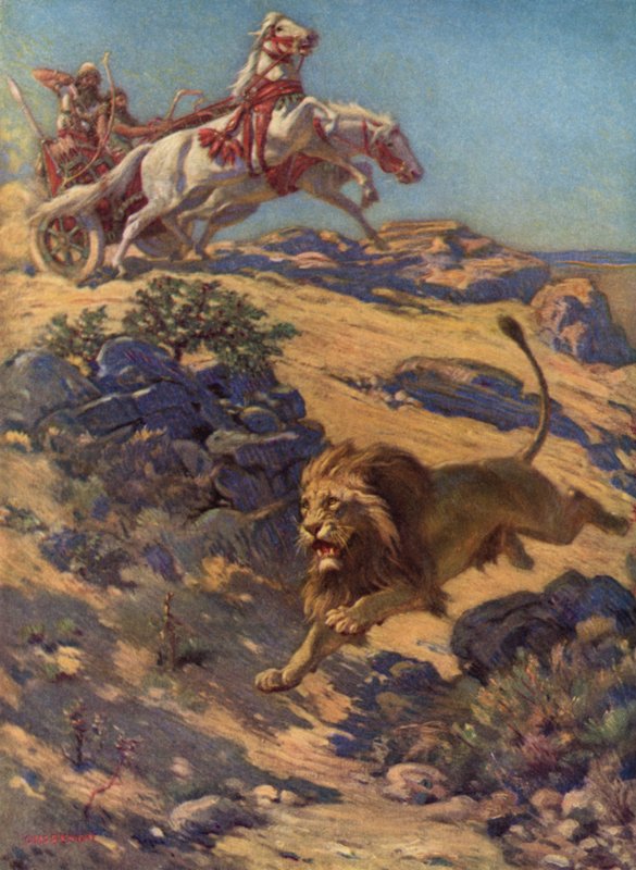 Lejonjakt i det gamla Assyrien (färglitografi) av Charles Robert Knight