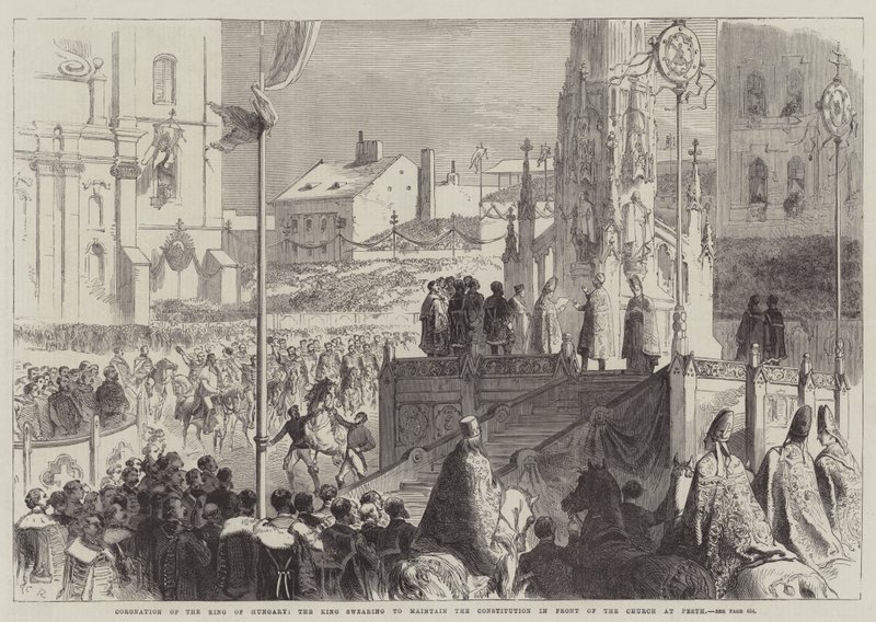 Kröning av Ungerns kung, kungen svär att upprätthålla konstitutionen framför kyrkan i Pesth. av Sir John Charles Robinson