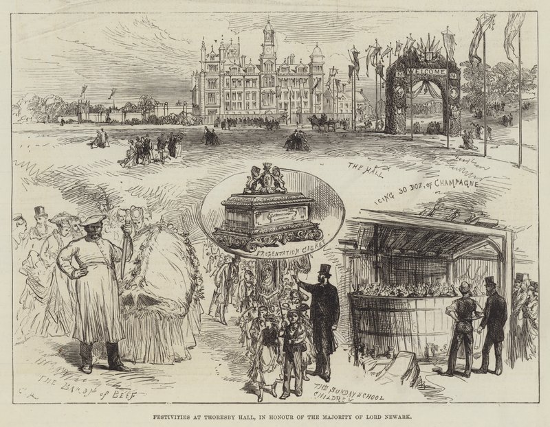 Festligheter i Thoresby Hall för att hedra Lord Newarks majoritet av Sir John Charles Robinson