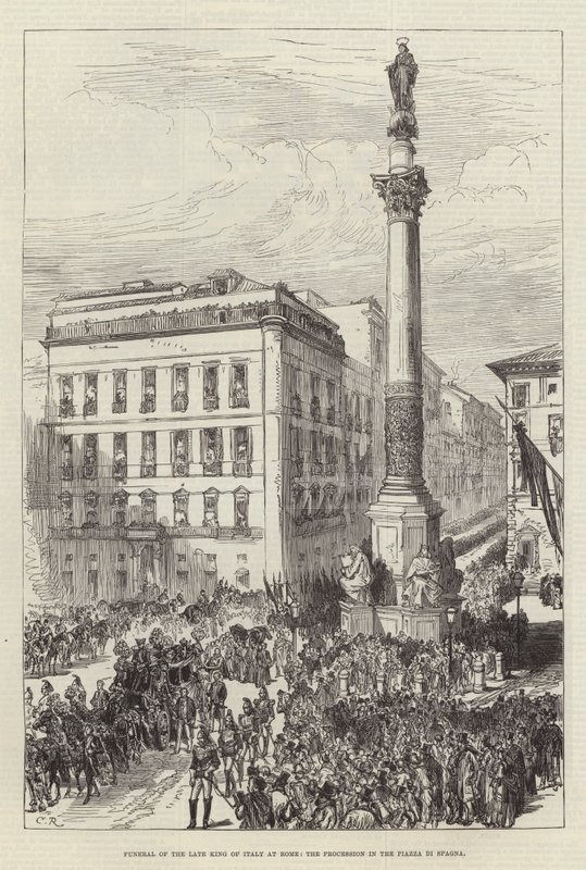 Begravning av den bortgångne kungen av Italien i Rom, processionen på Piazza di Spagna av Sir John Charles Robinson