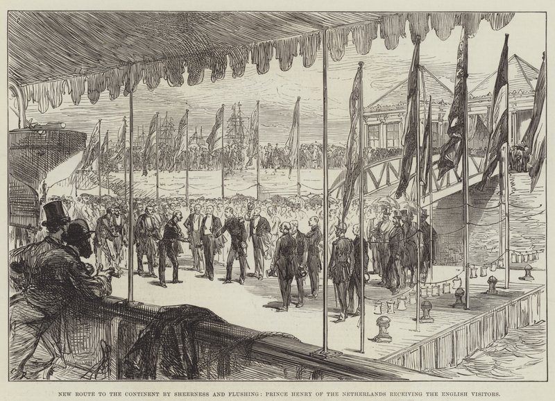 Ny väg till kontinenten via Sheerness och Flushing, Prins Henrik av Nederländerna tar emot de engelska besökarna. av Sir John Charles Robinson