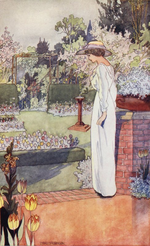 Vår sentimentala trädgård: Den holländska trädgården (färg litho) av Charles Robinson